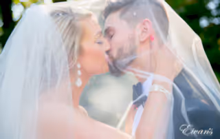 A bride and groom kiss under the cover of the bride's veil.