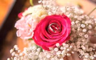 Within the gorgeous hot pink rose it holds the rings that will solidify their love.