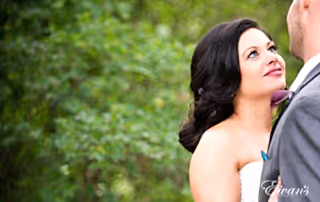 The bride gazes into her groom's eyes falling in love all over again.