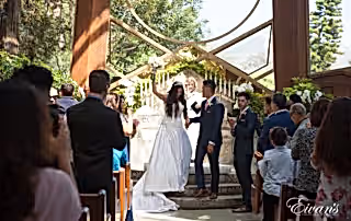 The bride raises her hand and bouquet in the air while celebrating their now sealed love.