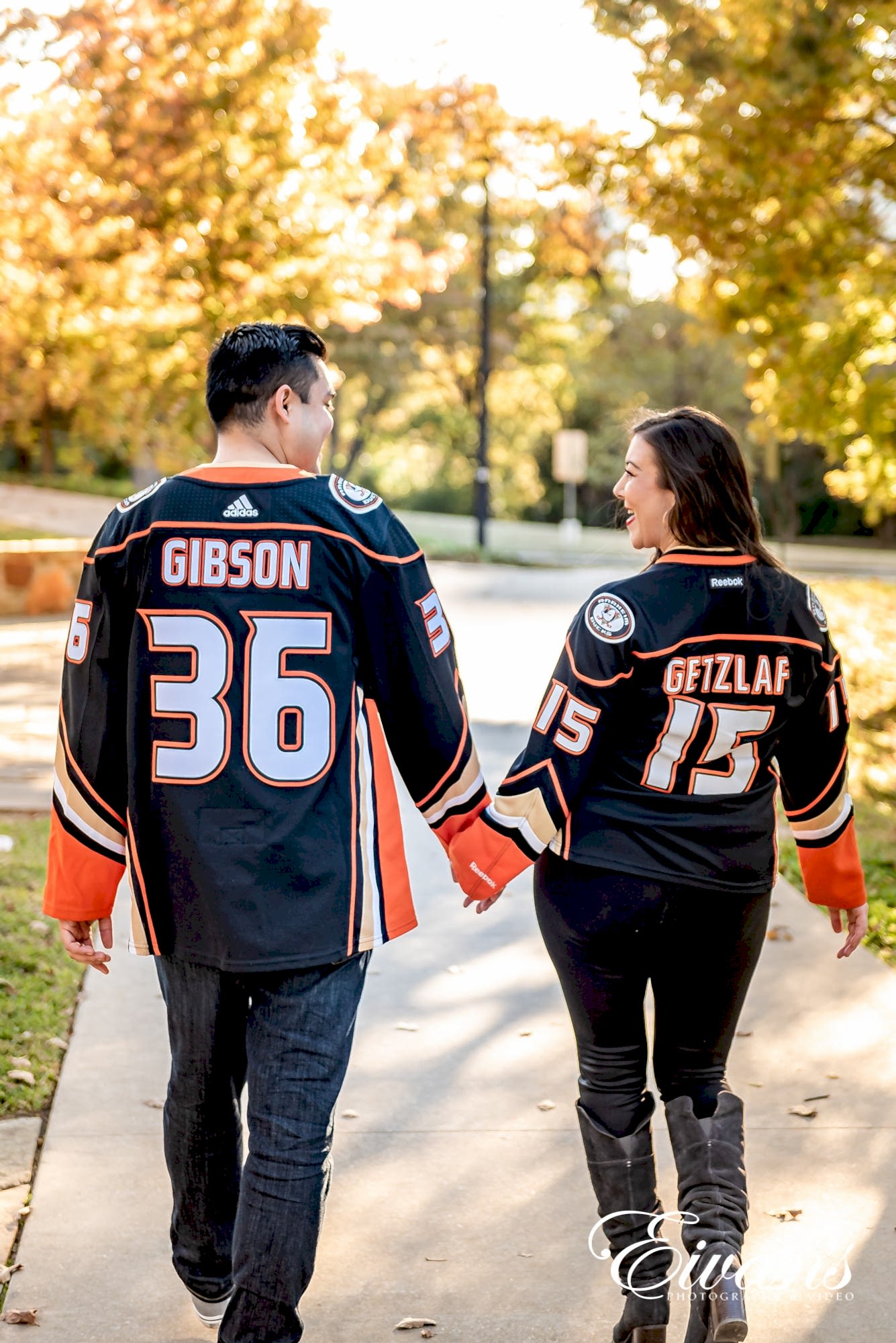 what-to-wear-for-your-engagement-photos-outdoors-bring-multiple-outfits same couple posed in different outfits while walking away from the camera