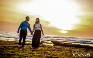 Image of a couple walking on the beach during sunset